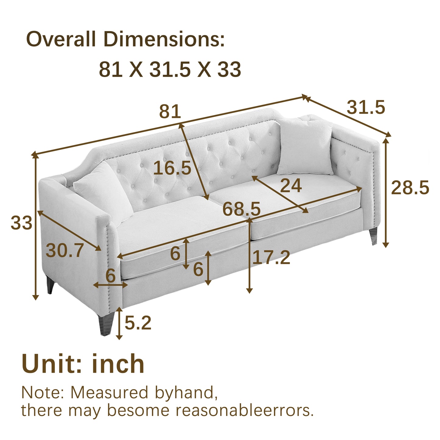 FX81"Mid-century design modern sofa,Chenille Pull Buckle Design Sofa for Living Room,Buttons Tufted With Copper Nail Decoration Armrest, with 2 Pillows,Modern Couch Upholstered Button And Metal Legs