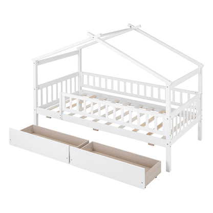 Twin Size Wooden House Bed with Two Drawers, White