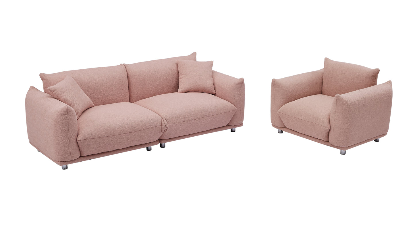 3+1 Oversized Loveseat Sofa for Living Room, Sherpa Sofa with Metal Legs, 3 Seater Sofa, Solid Wood Frame Couch with 2 Pillows, for Apartment Office Living Room Pink