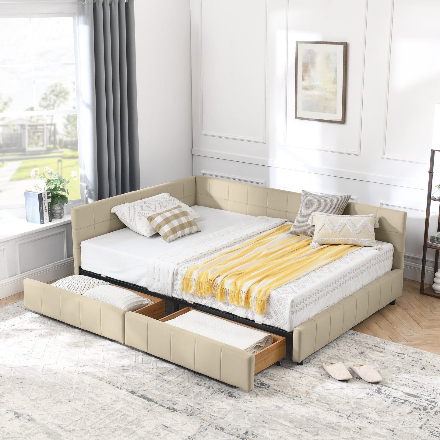 Full Size Storage Upholstered Tufted Bed Frame, Sofa Bed Frame with Comfortable Backrest and Armrests, Full Size Bed for Bedroom, Living Room,Velvet, BEIGE(80.5''*59''*29.5'')