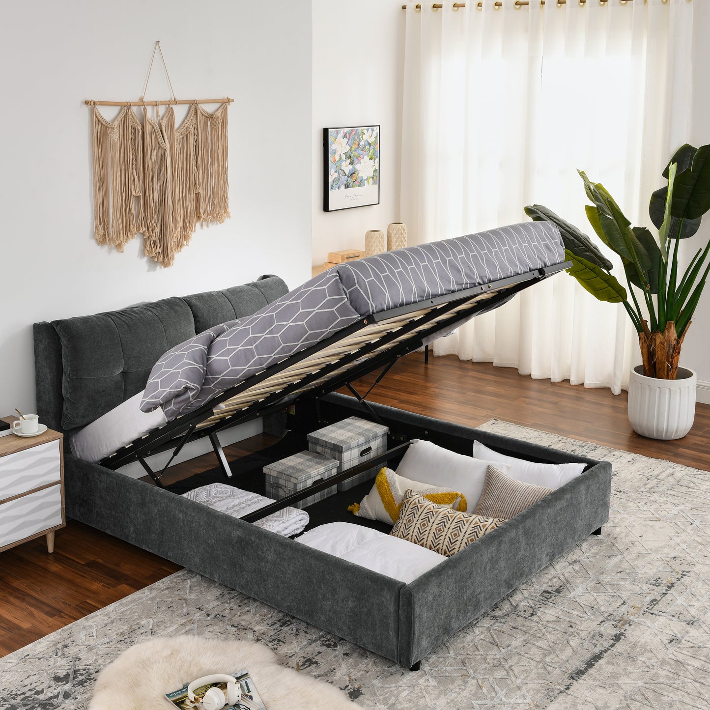 Queen Size Storage Upholstered Hydraulic Platform Bed with Integrated Headboard, Chenille Fabric, Gray