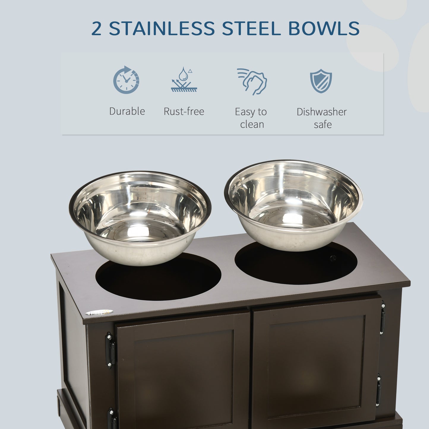 PawHut Elevated Dog Bowls for Large Dogs, Raised Dog Bowls with Storage, Two Stainless Steel Bowls, Pet Feeder Station for Indoor Use, Coffee