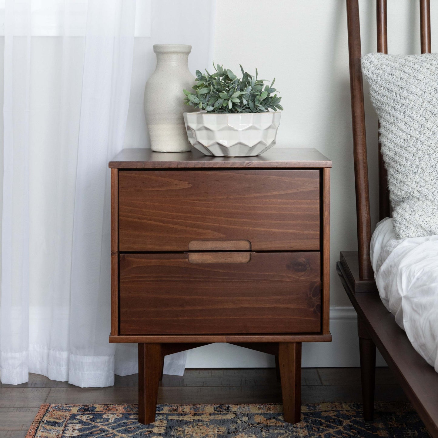 Mid-Century Modern 2-Drawer Solid Wood Nighstand with Cutout Handles - Walnut