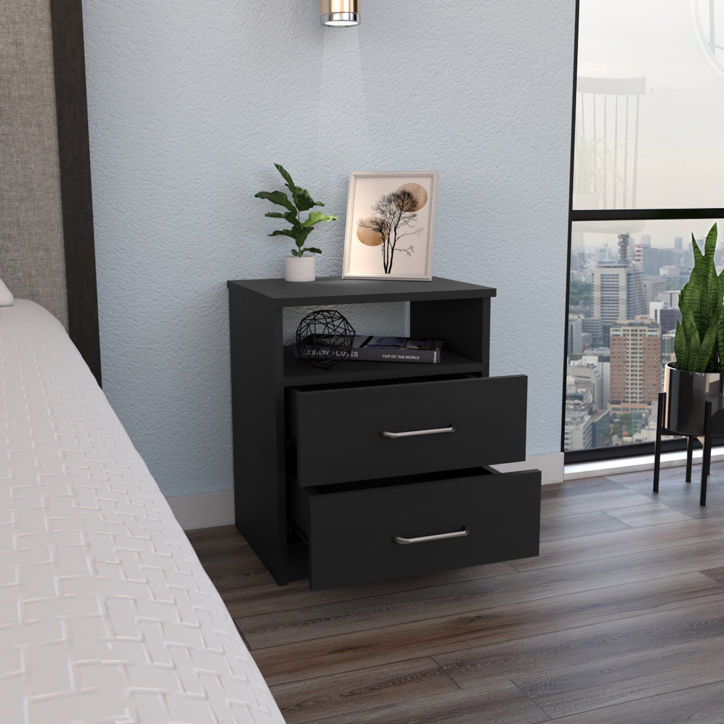 Napoles Nightstand , End Table, Side Table Superior Top, Two Drawers, One Shelf -Black