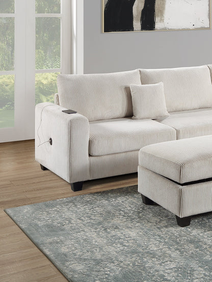 Ivory Color 3pc Sectional Set Corduroy Upholstered LAF Sofa RAF Chaise Ottoman L-Sectional Living Room Furniture