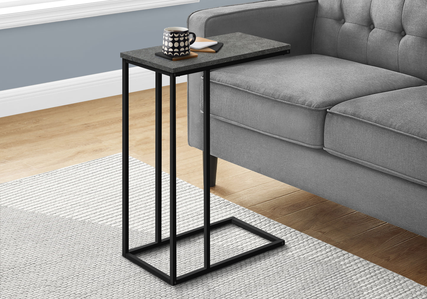 Accent Table, C-shaped, End, Side, Snack, Living Room, Bedroom, Grey Laminate, Black Metal, Contemporary, Modern