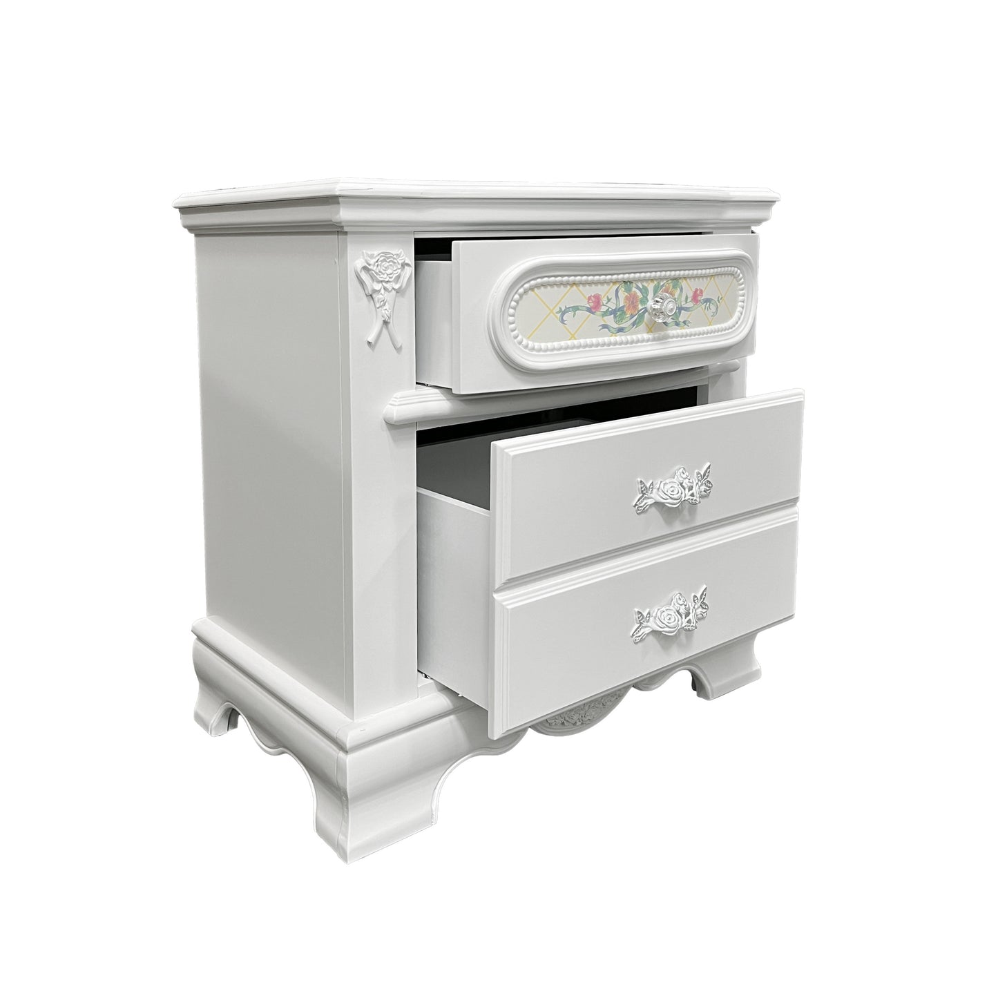 White 2-Drawer Nightstand with Floral Motifs