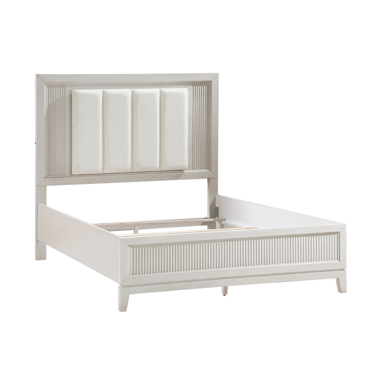 Antique White Finish King Bed with LED Headboard Upholstered Cushion Modern Bedroom Furniture 1pc, Reeded Fronts
