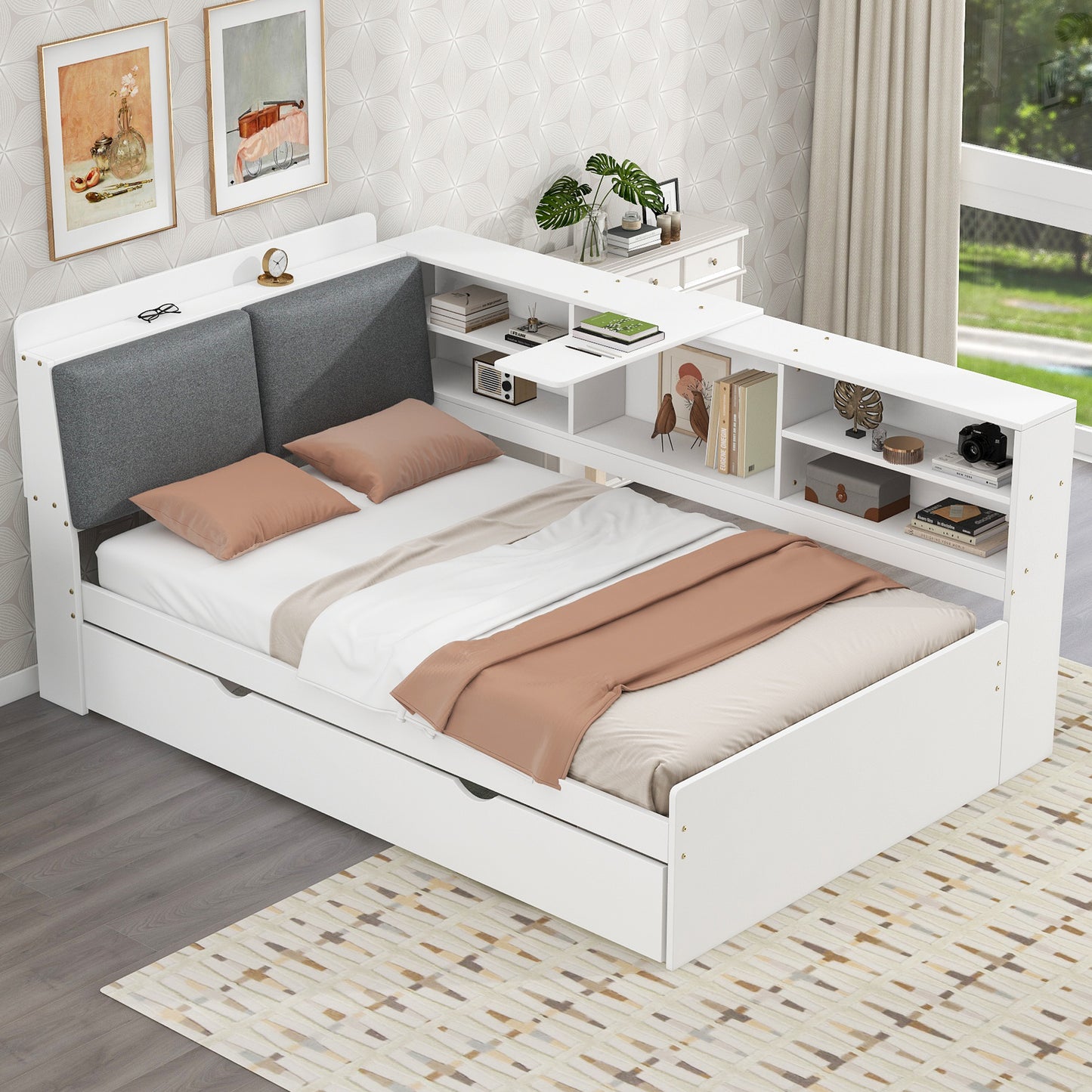 Wood Twin Size platform bed with Trundle, Shelves and Storage Headboard, White