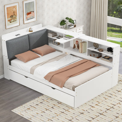 Wood Twin Size platform bed with Trundle, Shelves and Storage Headboard, White