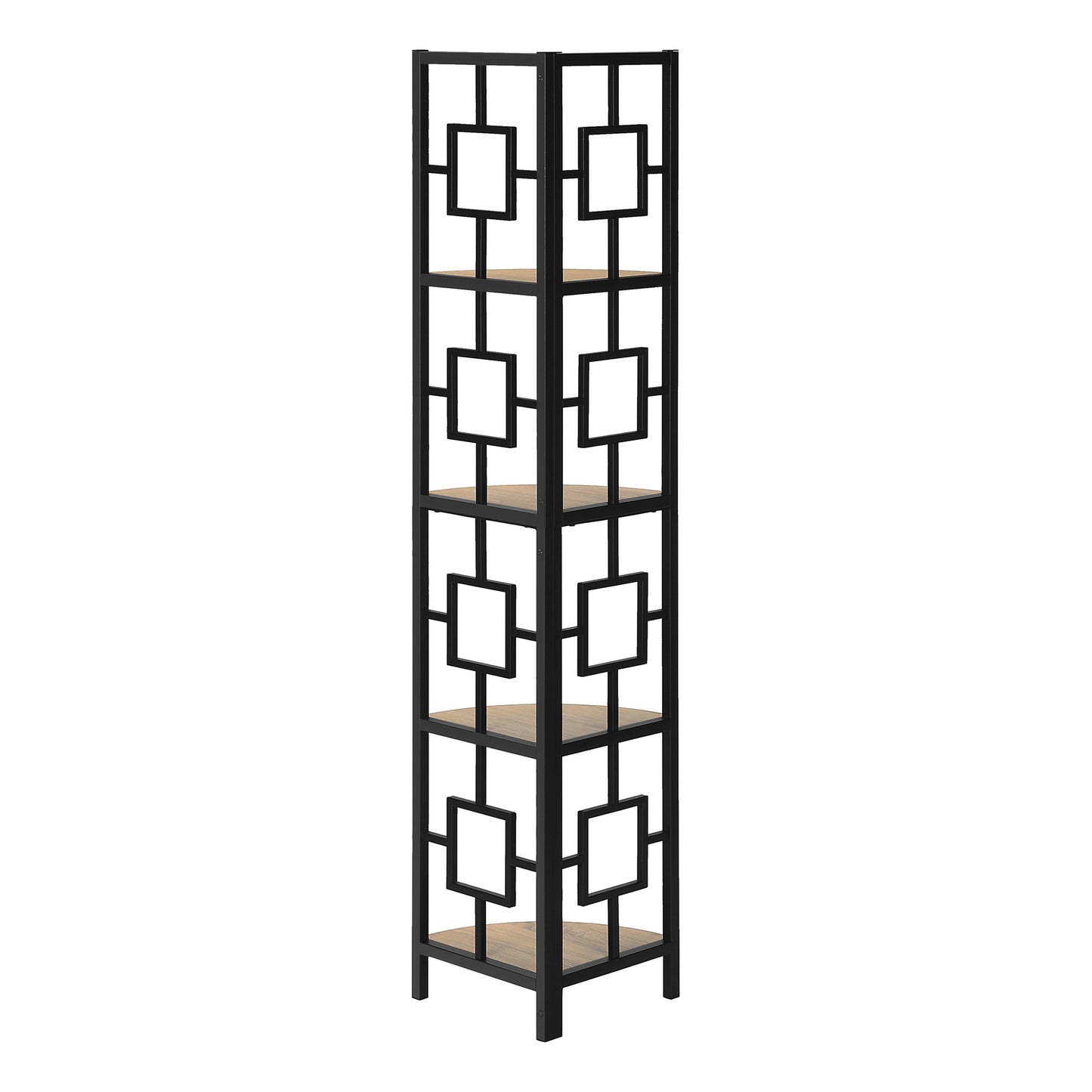 Bookshelf, Bookcase, Etagere, Corner, 4 Tier, 62"h, Office, Bedroom, Brown Laminate, Black Metal, Contemporary, Modern