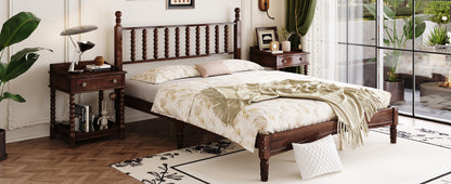 Queen Size Wood Platform Bed with Gourd Shaped Headboard,Retro Style Platform Bed with Wooden Slat Support,Walnut