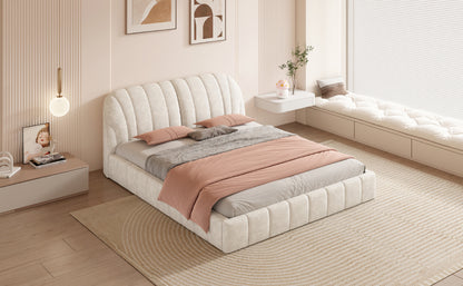 Queen Size Upholstered Platform Bed with Thick Fabric, Polyester, Beige