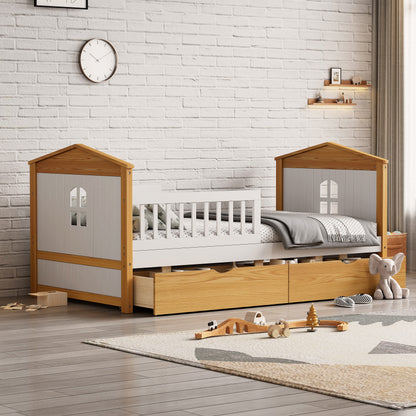 Twin Size House Shape Bed with Drawers and Safety Fence Guardrails Bed Toddler Bed for Girls Boys,No Box Spring Needed, Walnut and White