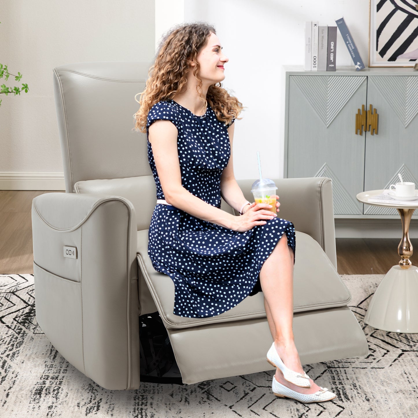 Beige Grey Leatheraire Swivel and Rocker Power Recliner Chair, Heavy Duty Motion Mechanism with USB and Type-C Ports