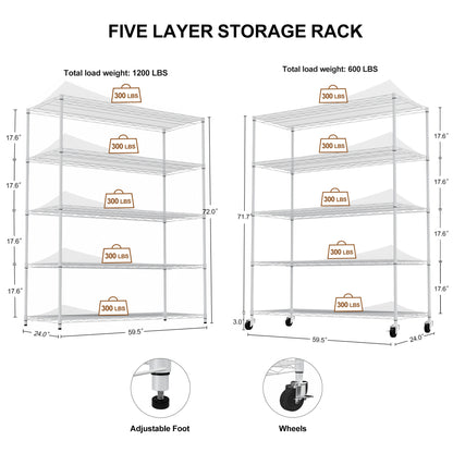 5-tier heavy-duty adjustable shelving and racking, 300 lbs. per wire shelf, with wheels and shelf liners, for warehouses, supermarkets, kitchens, etc. 59.45 "L × 24.02 "W × 71.65 "H,White