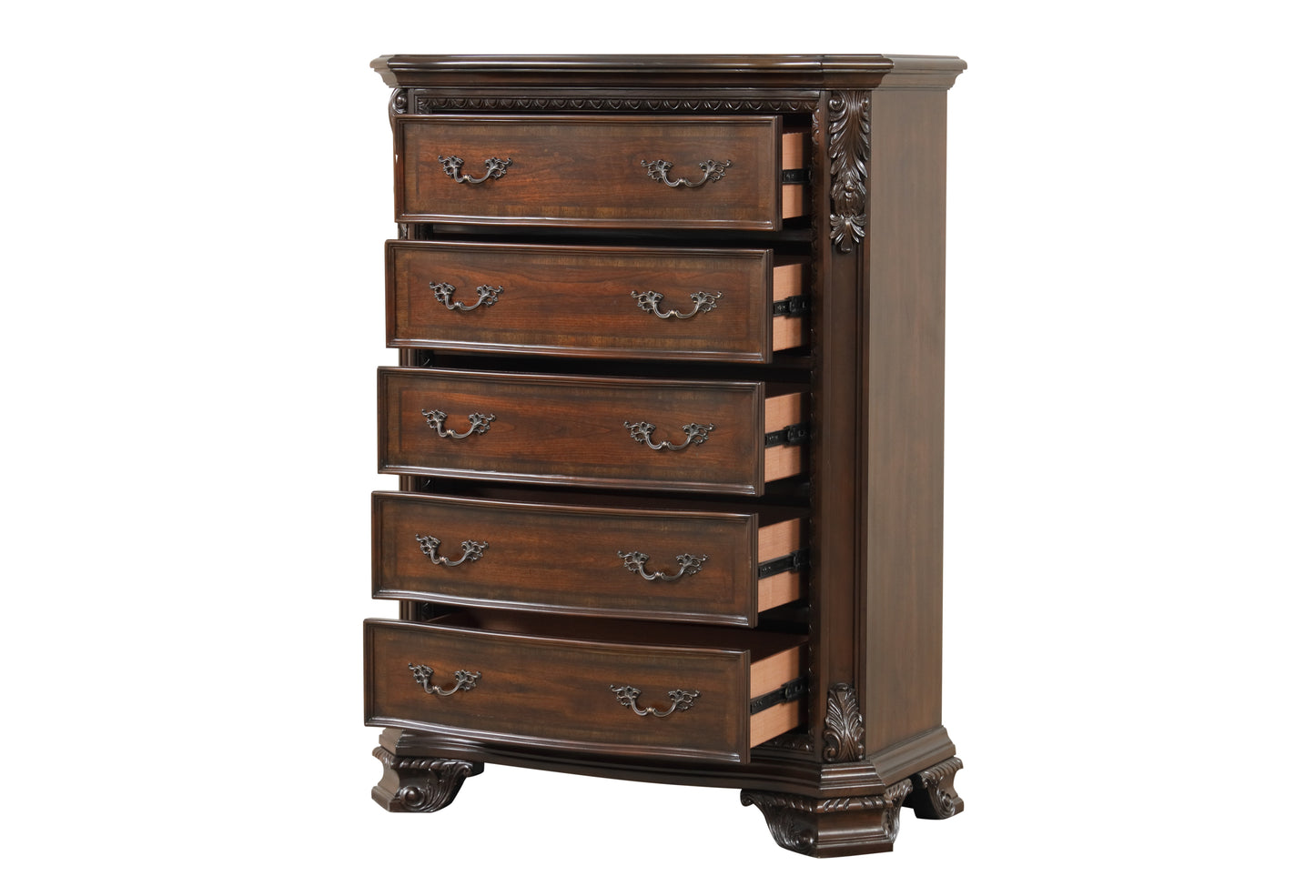 Traditional Style 5-Drawer Chest With metal drawer pulls Made with Wood in Walnut