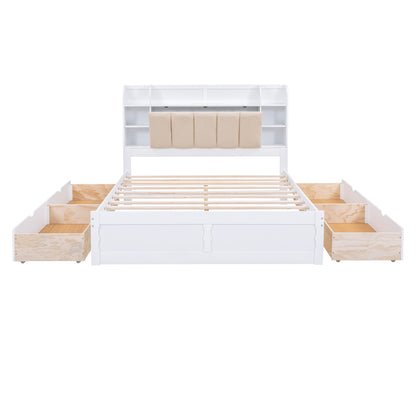 Wood Queen Size Platform Bed with Storage Headboard, Shelves and 4 Drawers, White