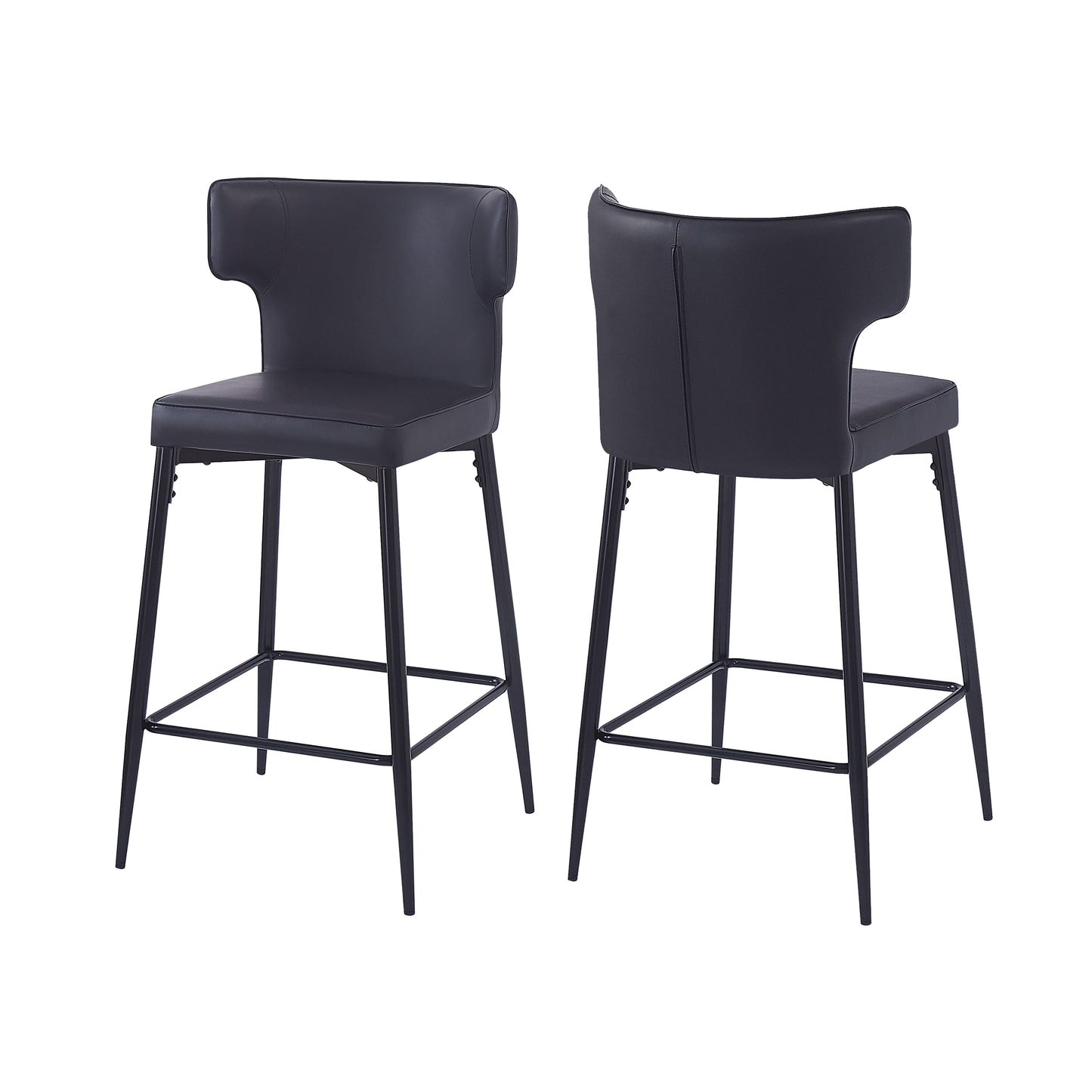 28inch Counter Height Bar Stools Set of 2, Modern Bar Upholstered Chairs with PU Leather, Metal Footrest and Frame for Kitchen Island, Bar Table, Dining Room, Black