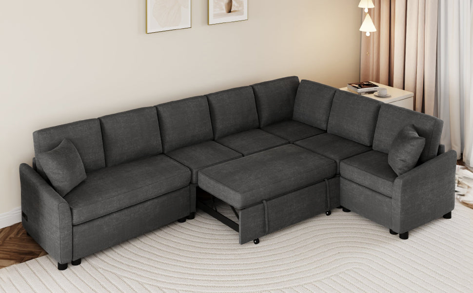 124.8"L-shaped Sofa Convertible Sofa Bed Pull Out Sofa Sleeper with Two Back Pillows, Two USB Ports and Two Power Sockets for Living Room, Gray (Old SKU:SG000890AAE)