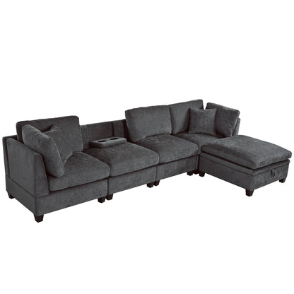 U-style Upholstered Modular Sofa with Removable Storage Ottoman, 2 hidden cup holders, Sectional sofa for Living Room Apartment(5-Seater) (OLD SKU:WY000371AAE)