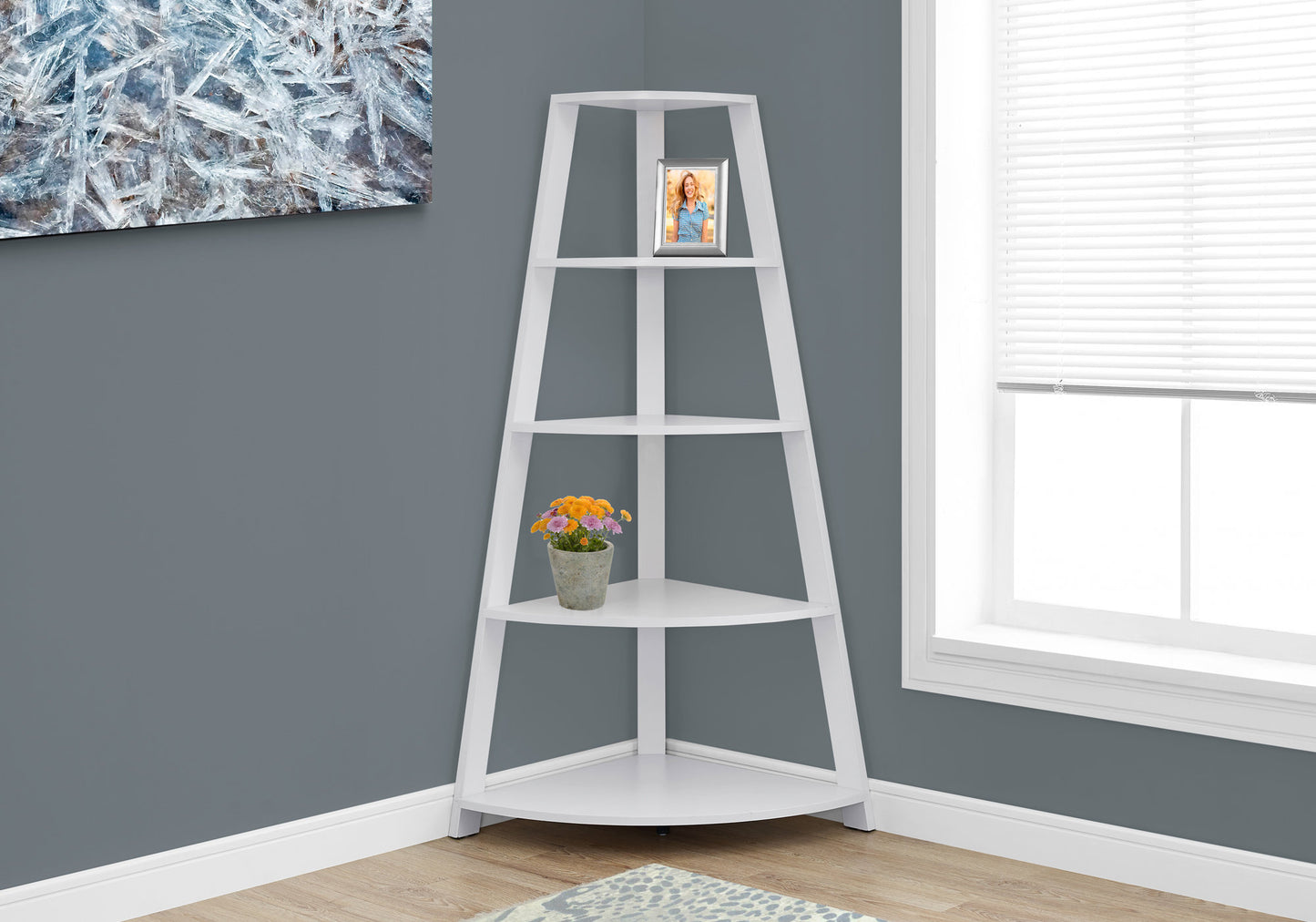 Bookshelf, Bookcase, Etagere, Corner, 4 Tier, 60"h, Office, Bedroom, White Laminate, Contemporary, Modern