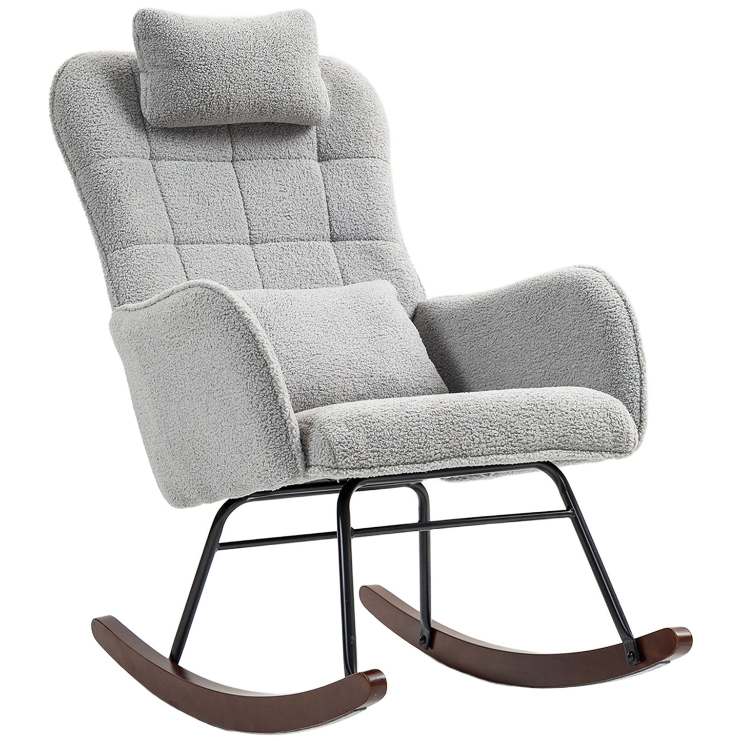 HOMCOM Upholstered Rocking Chair with Headrest and Lumber Pillow, Boucle Modern Rocker Chair with High Back, Steel Frame and Beech Wood Base for Living Room, Bedroom, Light Gray