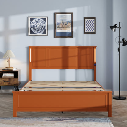 Queen Size Bed Frame,  Platform Bed Frame with Wood Headboard and Footboard,Charging Station and LED Lights, 12 Wood Slats Support, No Box Spring Needed , Brown