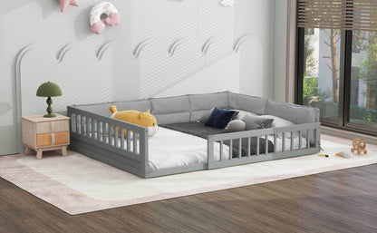 Wood Full Size Upholstered Platform Bed with Guardrail and Pillow, Gray