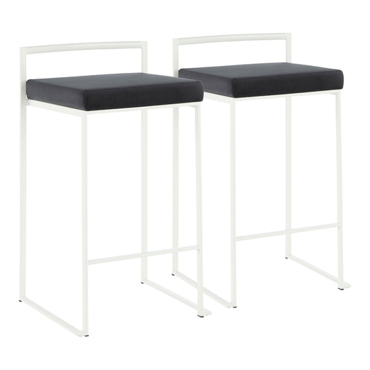 Fuji Contemporary Stackable Counter Stool in White with Black Velvet Cushion by LumiSource - Set of 2