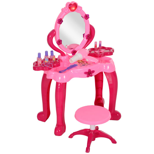 Qaba Kids Vanity Set with Mirror and Stool, Girls Makeup Table with Light and Sound, 15 Accessories, Pretend Play Set with Hair Dryer for 3-6 Years, Pink