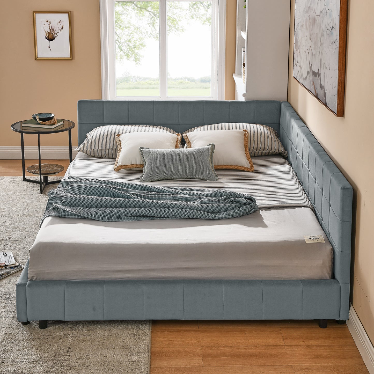 Queen Size Upholstered Tufted Bed Frame, Sofa Bed Frame with Comfortable Backrest and Armrests, Queen Size Bed for Bedroom, Living Room,Velvet, GREY(85.5''*64.5''*30.5'')