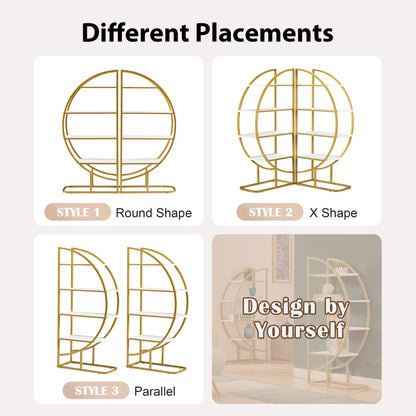 4 Tiers Home Office Open Bookshelf, Round Shape, Different Placement Ways, MDF Board, Gold Metal Frame, White