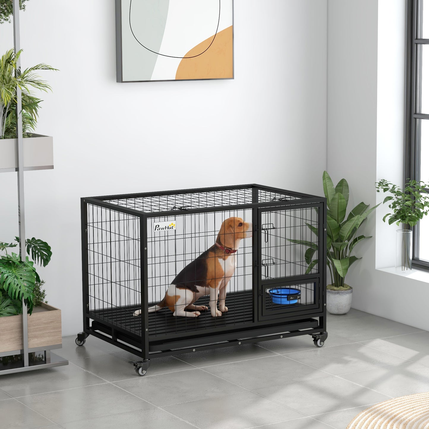 PawHut 43" Heavy Duty Dog Crate with Bowl Holder, Strong Steel Dog Crate with Wheels, Detachable Door, Openable Top and Removable Tray for Large and Extra Large Dogs, Black