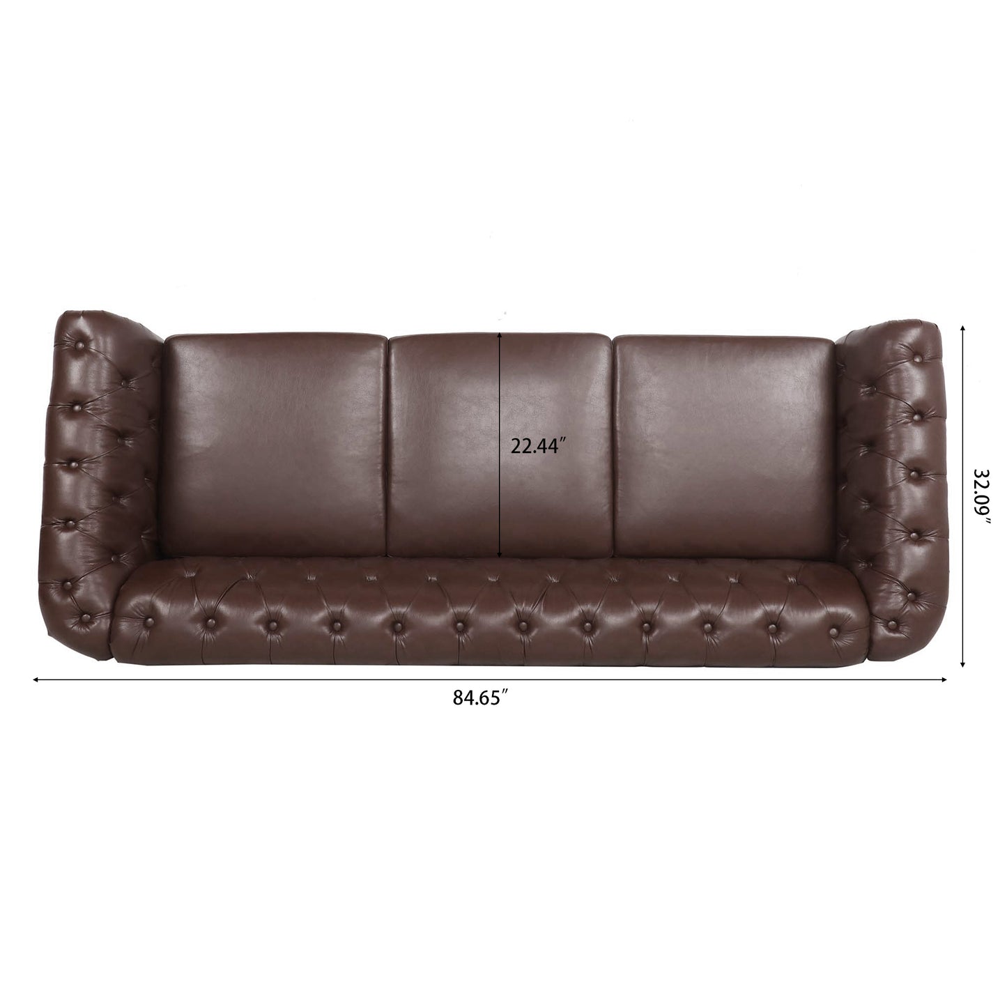 84.65" Dark Brown PU Rolled Arm Chesterfield Three Seater Sofa.