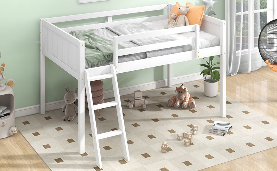 Twin Size Wood Low Loft Bed with Ladder, ladder can be placed on the left or right, White