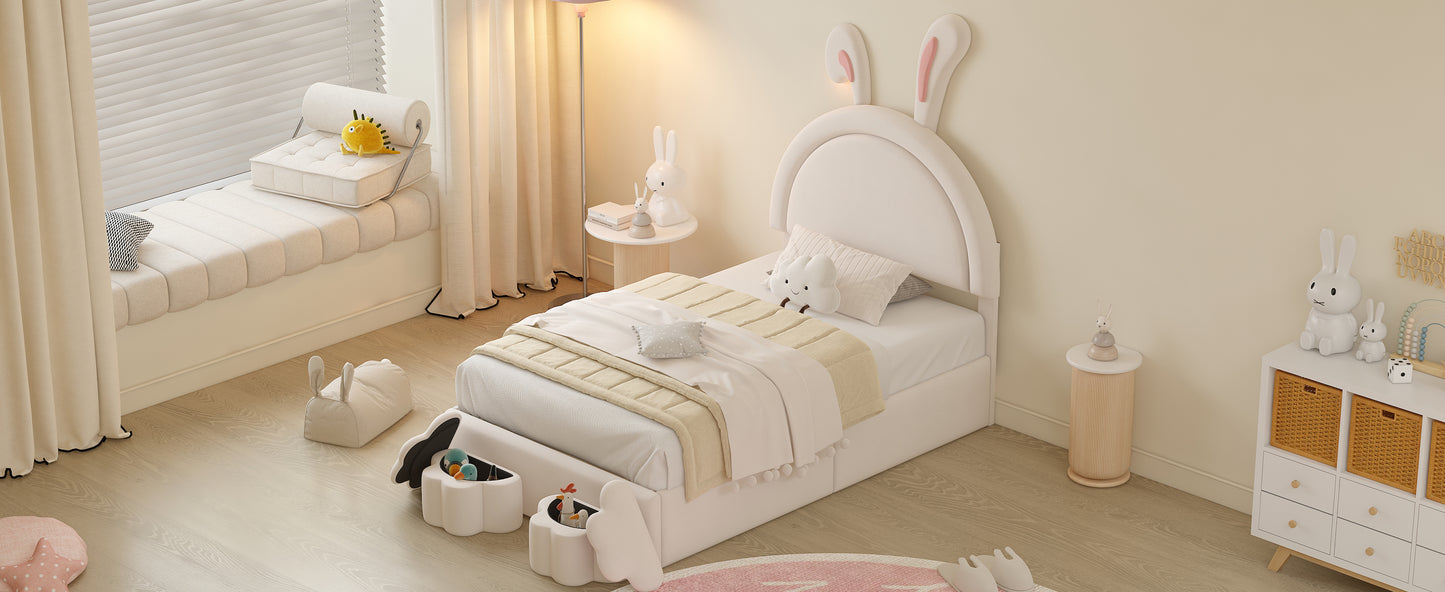 Twin size Upholstered Rabbit-Shape Bed with 2 Storage Stools, Velvet Platform Bed with Cartoon Ears Shaped Headboard, White