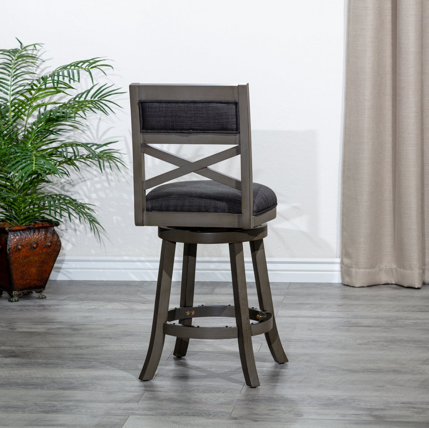 24" Counter Height X-Back Swivel Stool, Weathered Gray Finish, Charcoal Fabric Seat