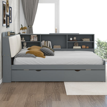 Wood Full Size platform bed with Trundle, Shelves and Storage Headboard, Gray