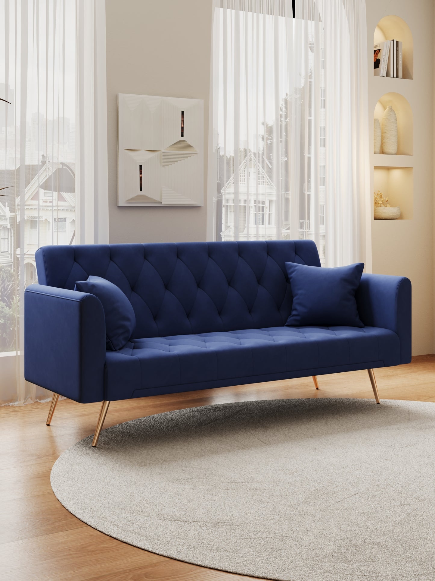 71-inch convertible love seat sofa, American retro blue velvet material, suitable for small living room, bedroom, office