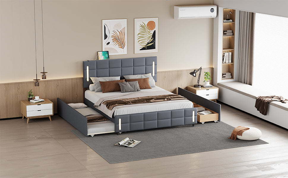 Queen Size Upholstered Platform Bed with Trundle and Drawers, Gray