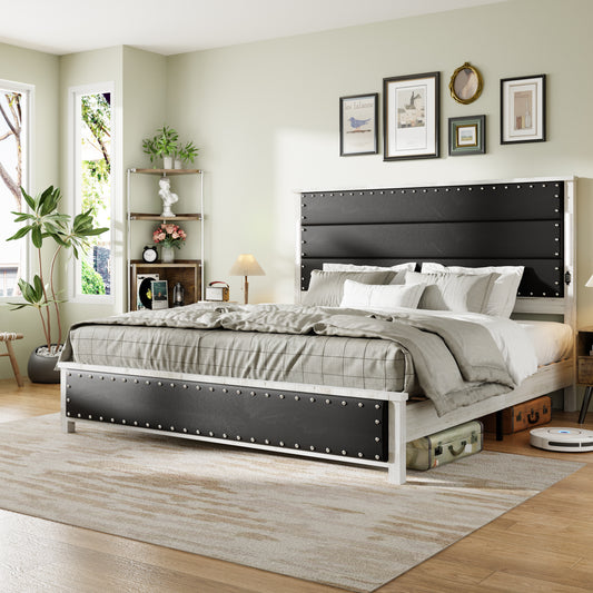 King Size Bed Frame with Upholstered Headboard, King Bed Frame with Charging Station and LED Lights, Wood Slats, Dark Gray Faux Leather & Rivets,  No Box Spring Needed, Easy Assembly