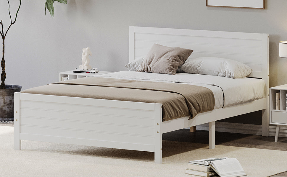 Wood Platform Bed Frame with Headboard, Mattress Foundation with Wood Slat Support, No Box Spring Needed, Queen Size, White