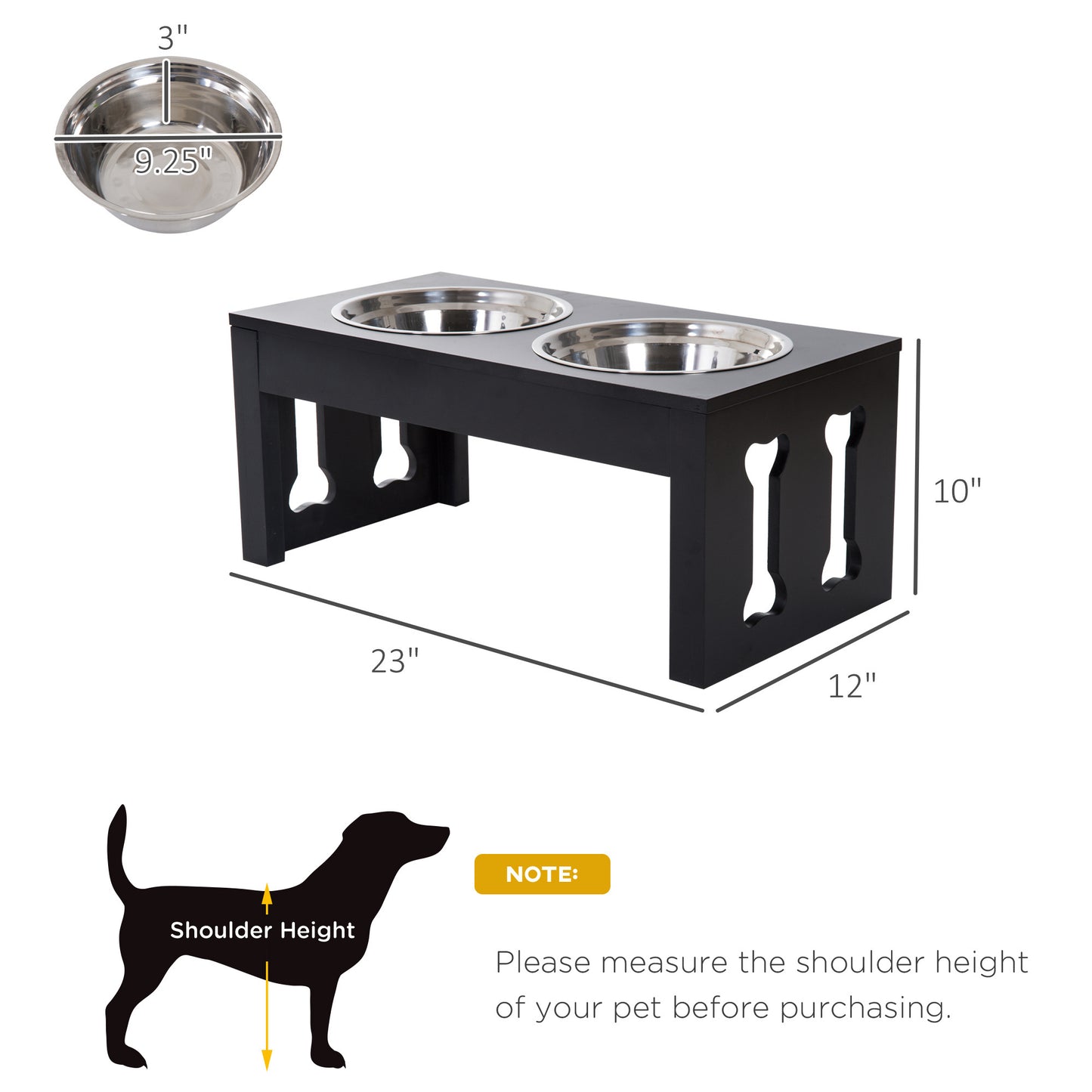 PawHut 23" Modern Decorative Dog Bone Wooden Heavy Duty Pet Food Bowl Elevated Feeding Station - Black