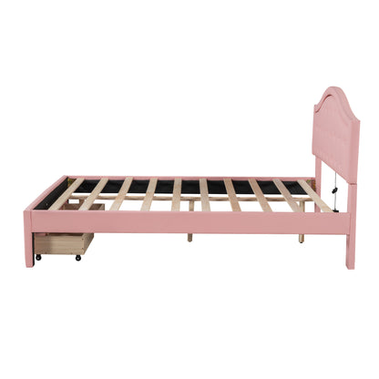 Queen Size Upholstered Platform Bed with Tufted Headboard, LED and 2 Drawers, Pink