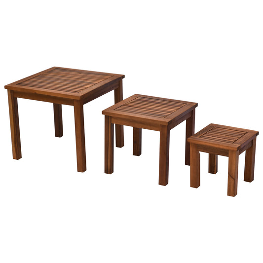 Outsunny 3 Piece Outdoor Side Nesting Table Patio Set with Acacia Wood Build & Multi-Functional Design