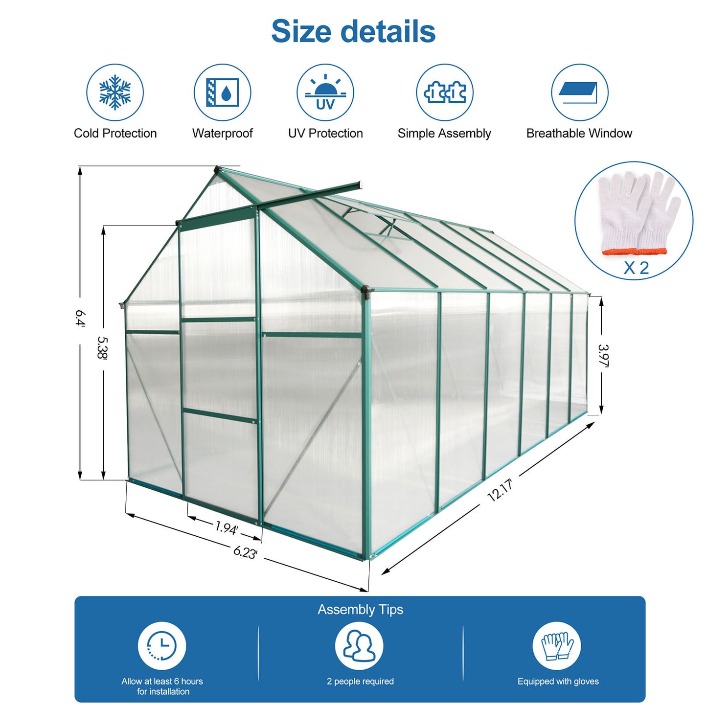 6x12 FT Polycarbonate Greenhouse Raised Base and Anchor Aluminum Heavy Duty Walk-in Greenhouses for Outdoor Backyard in All Season