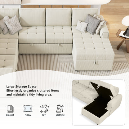 107.5" U-shaped Sofa Sectional Sofa Pull-out Sofa bed with a Storage Chaise Lounge, Charging Devices for Living Room, Beige