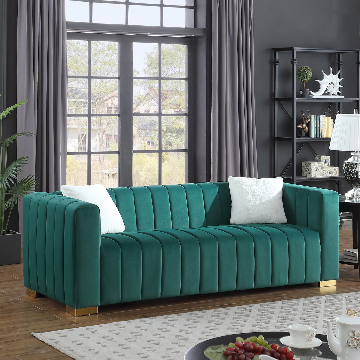 A modern  channel sofa  take on a traditional Chesterfield,Dark Green color,3 Seater