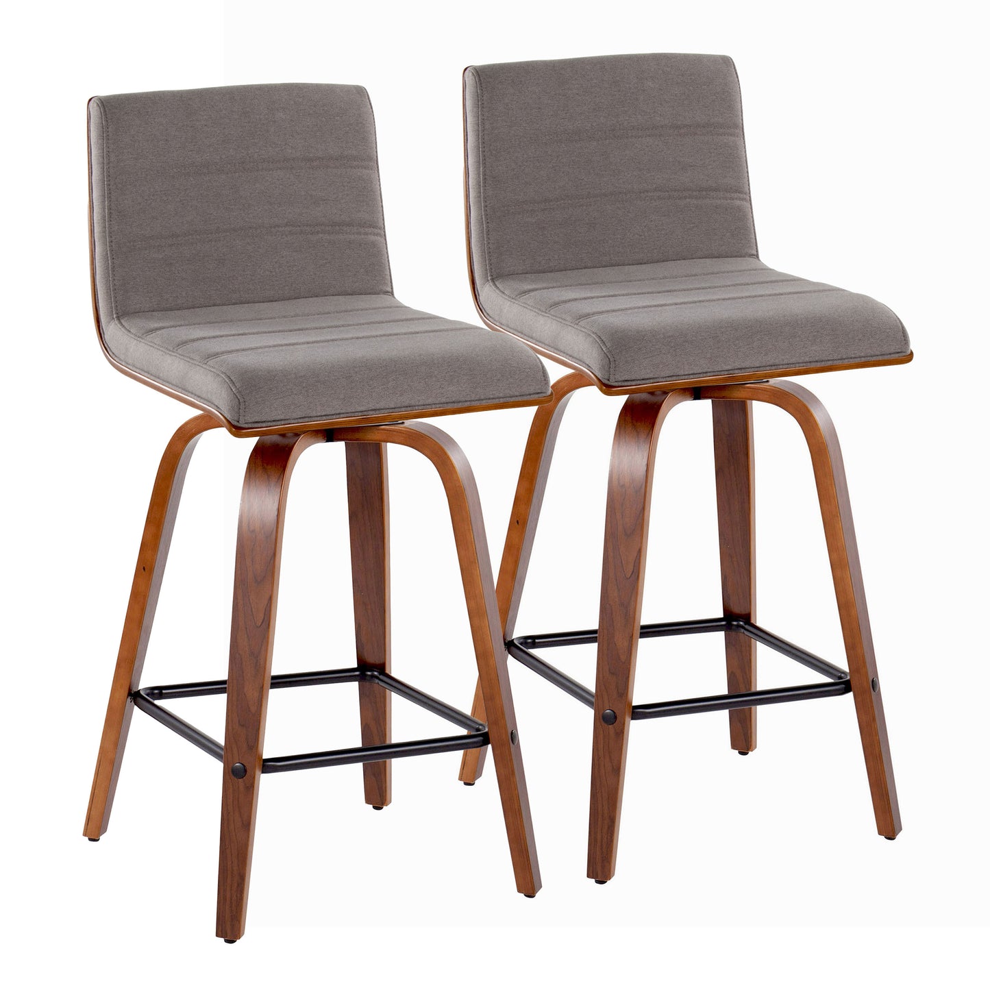 Vasari 26" Mid-Century Modern Fixed-Height Counter Stool with Swivel in Walnut Wood and Grey Fabric with Square Black Footrest by LumiSource - Set of 2